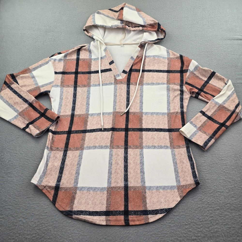 Womens Hoodie Small Multicolor Plaid Stretch Split Neck Drop Cut Hem Casual
